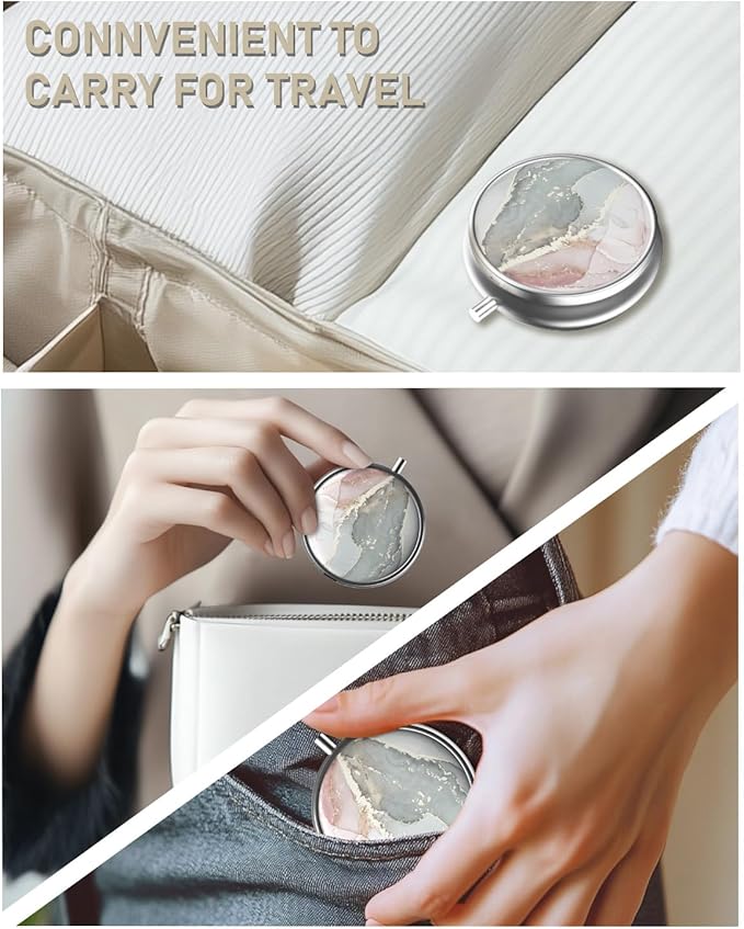 Pill Box, 3 Compartment Portable Travel Medicine Box with Mirror, Compact and Cute, Fits in Purse and Pocket, Medicine and Vitamin Organizer (Grey Pink Marble)
