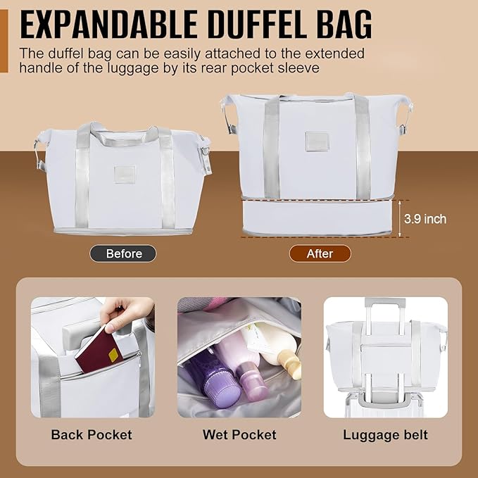Romswi Suitcase Set with TSA Lock Cup Holder, Hardside Spinner Suitcase with Duffel Bag, Lightweight Durable PC+ABS White 5 PCS(20/24/28inch)