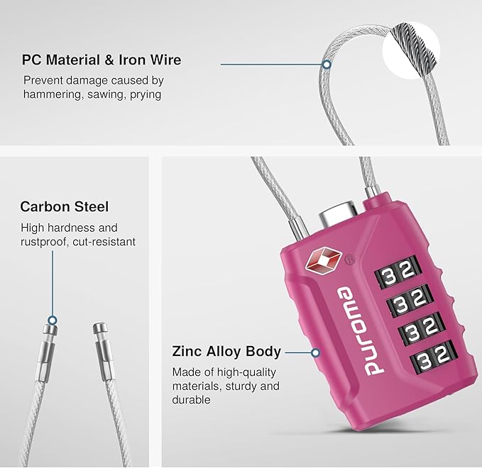 Puroma TSA Approved Luggage Lock, Multicolor 4 Digit Combination Travel Locks Resettable Code Lock 4 Colors with Zinc Alloy Body for Suitcase, Toolbox, Backpack, Bag, Gym Locker (4 Pack)