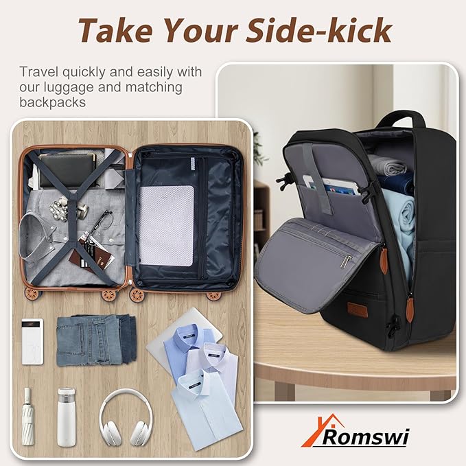Romswi Luggage Sets 2 Piece, Expandable Carry On Luggage 20In with Travel Backpack, PC+ABS Hardside Suitcase Set with TSA Lock, Durable Carry On Suitcase with Spinner Wheels for Men Black