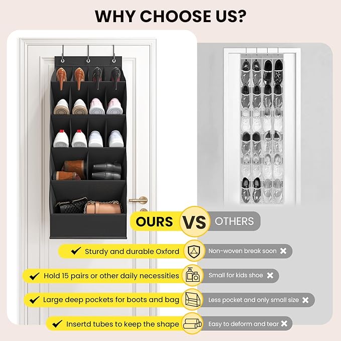 Over the Door Shoe Organizer for Closet, Shoes Rack for Closet with 15 Large Pockets, Hanging Shoe Organizers for Boot Storage, Behind the Door Narrow Shoe Holder for Small Shoes, Black