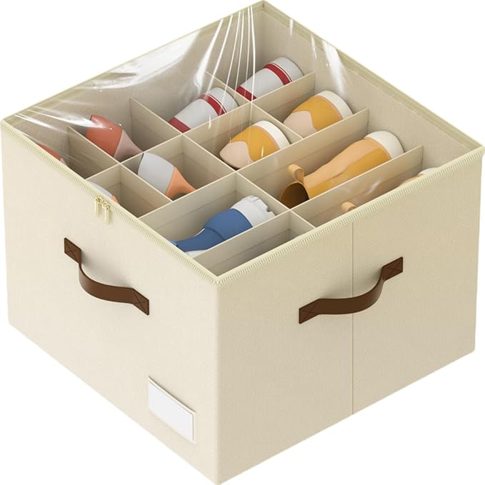 Shoe Organizer for Closet, Foldable Shoe Storage Containers, Fits up to 16 Pairs, Large Shoe Storage Organizer Box Cubby Baskets Bins with Clear Cover and Reinforced Handles, Beige