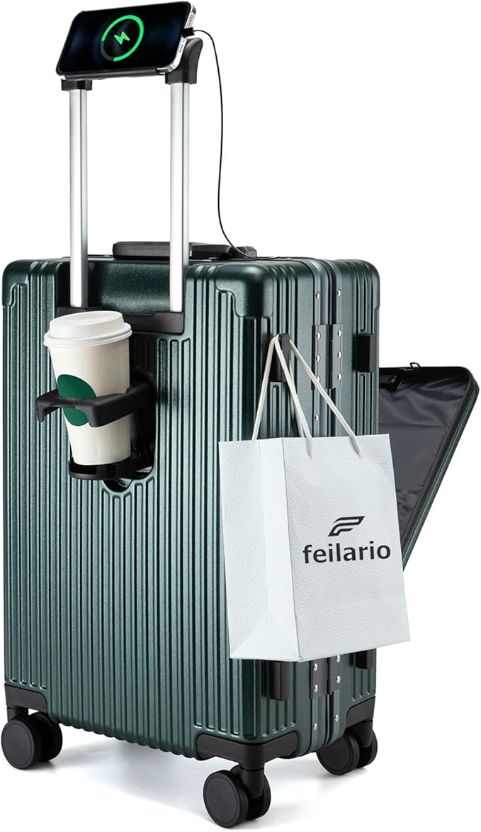 feilario 20in Aluminium Frame PC Hard Shell Spinner Wheels Luggage, Built-In TSA lock Carry on Suitcase, with Cup Holder, USB Port, Phone Holder