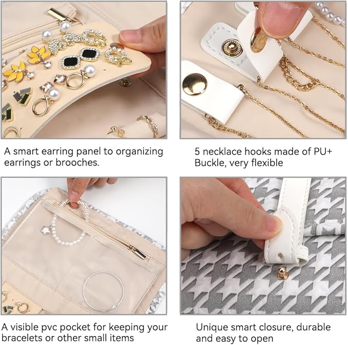 Voova Travel Jewelry Holder Organizer Case, Large Jewelry Storage Bag for Women Girls, Foldable Traveling Jewellery Pouch Roll for Necklaces Rings Earrings Bracelets, Grey+White