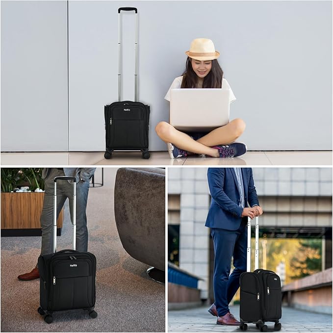 16 Inch Underseat Carry On Luggage with Wheels Softside Small Suitcases Personal Item Bag with Pocket Travel Luggage for Men Women Business Overnight Bag(Black)