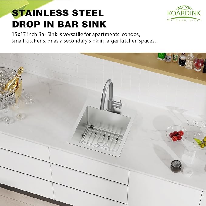 Kitchen And Bar Sink, 15x17 Inch Stainless Steel Drop In Kitchen Sink Modern Single Bowl Topmount Bar Sink Combo-SS Grid,Silicon Mat,Drain Strainer Set Compatibility With Various Kitchen & Bar Style
