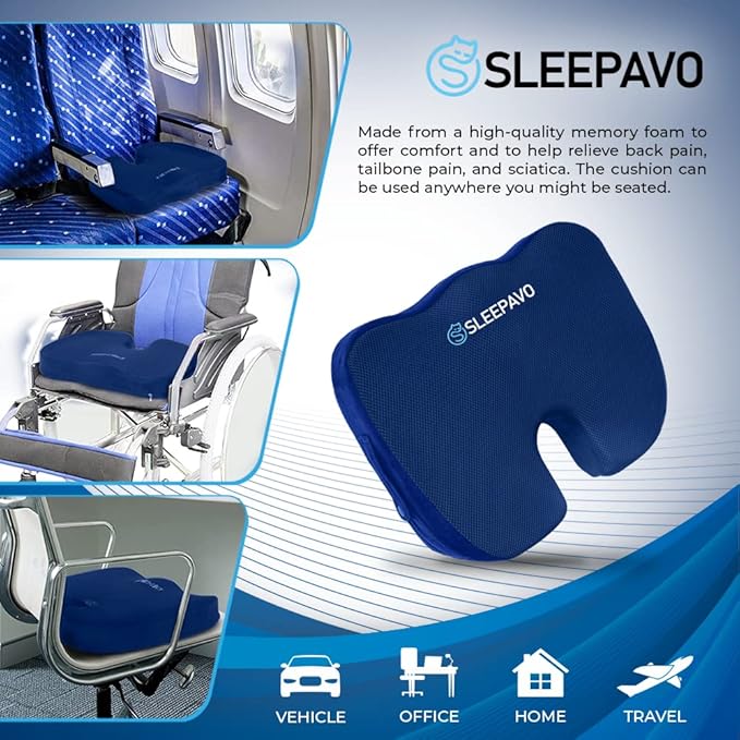 Sleepavo Office Chair Cushion - Seat Cushion for Tailbone Pain Relief - Butt Pillow for Coccyx, Sciatica, and Lower Back Pain - Orthopedic Chair Pad for Lumbar Support in Office Desk (Navy Blue)