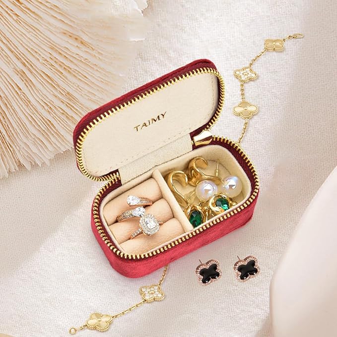 Small Travel Jewelry Case, Mini Tiny Plush Velvet Jewelry Box for Women and Girls, Pocket Size Jewelry holder organizer for Rings Earrings and Small Items(Burgundy)