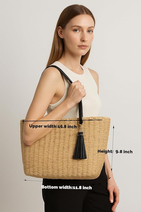 YXILEE Straw Bags For Women | M Size Travel Straw Totes Bag Woven Summer Handmade Shoulder Bag Handbag