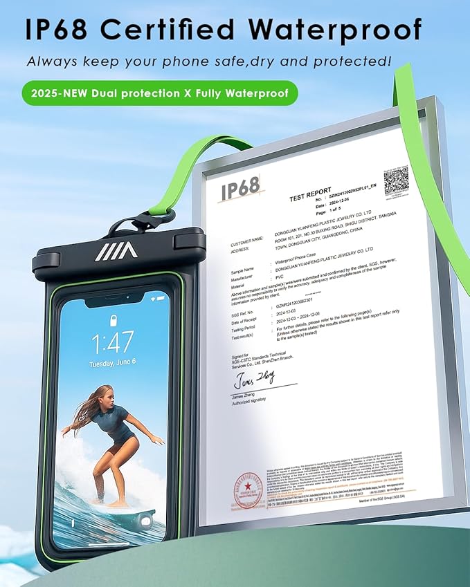 【2025 Upgraded】 8 Pack Black - IP68 Waterproof Phone Pouch Floating Design No Sink Waterproof Phone Case - Beach Pool Travel Essentials - Works w/All Phones - Detachable Lanyard - Black/Hi-Vis Green