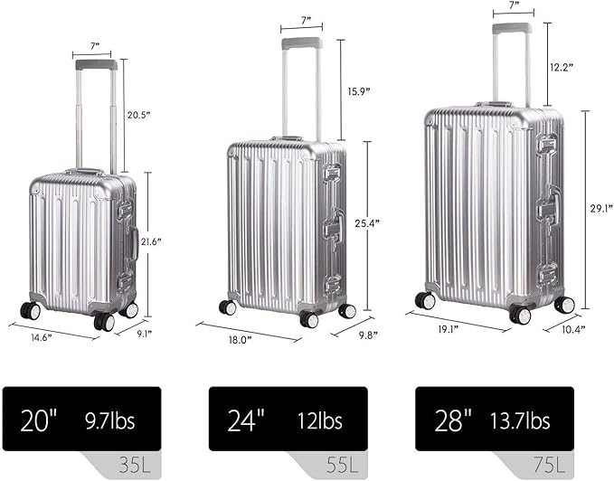 TRAVELKING All Aluminum Luggage Zipperless Hard Shell Suitcase with TSA Lock Spinner Wheels Lightweight Metal Alloy Suitcases (Silver, 24 inch)