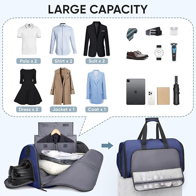 BALEINE Convertible Garment Bag with Shoe Compartment, 2 in 1 Carry on Garment Duffle Bags for Travel, Suit Bag for Men Women (Navy)