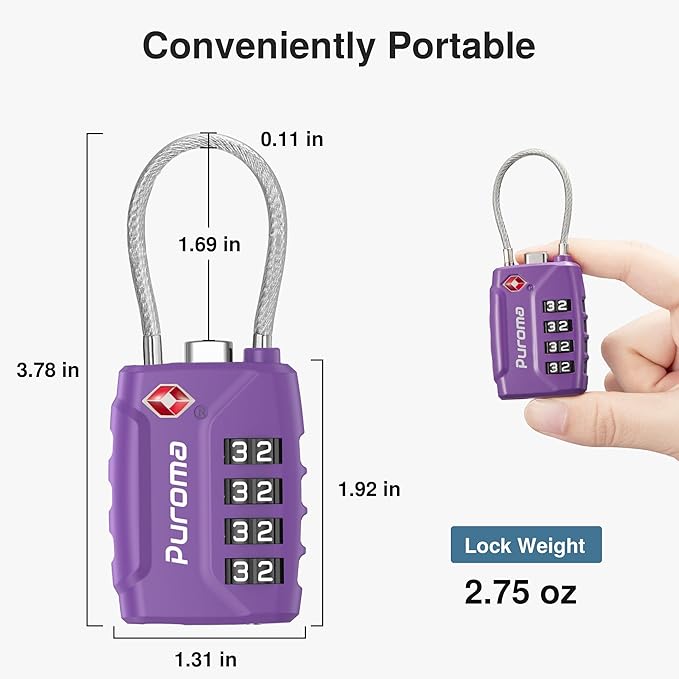 Puroma 2 Pack TSA Approved Luggage Locks, 4 Digit Combination Travel Locks Resettable Code Lock with Zinc Alloy Body for Suitcase, Toolbox, Backpack, Bag, Gym Locker (Purple)