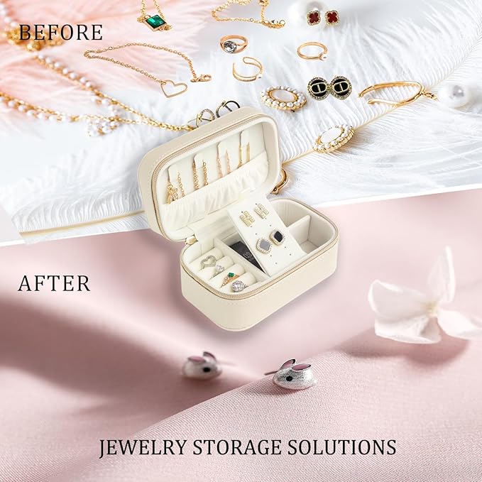 Travel Jewelry Case Bulk Of 4 For Women Weekend Trips, Gold Zip PU Leather Compact Jewelry Organizer For Earring Bracelets Beige Travel Jewelry Box Set Perfect For Small Bridesmaid Jewelry Box Gift