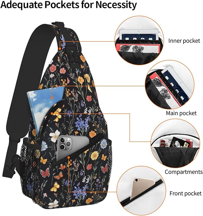 SUPLUCHOM Sling Bag Vintage Botanical Flower Wildflower Hiking Daypack Crossbody Shoulder Backpack Travel Chest Pack for Men Women