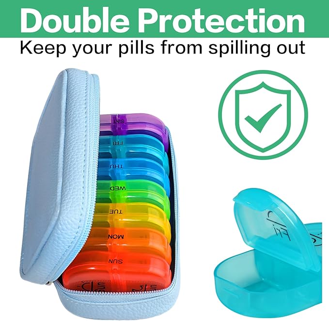 Serfeymi Weekly Travel Pill Organizer 2 Times A Day AM PM Upgraded Rainbow Pill Box 7 Day with Portable Zipper PU Leather Pill Case, Medicine Organizer for Pills, Vitamins, Fish Oils - Blue 01