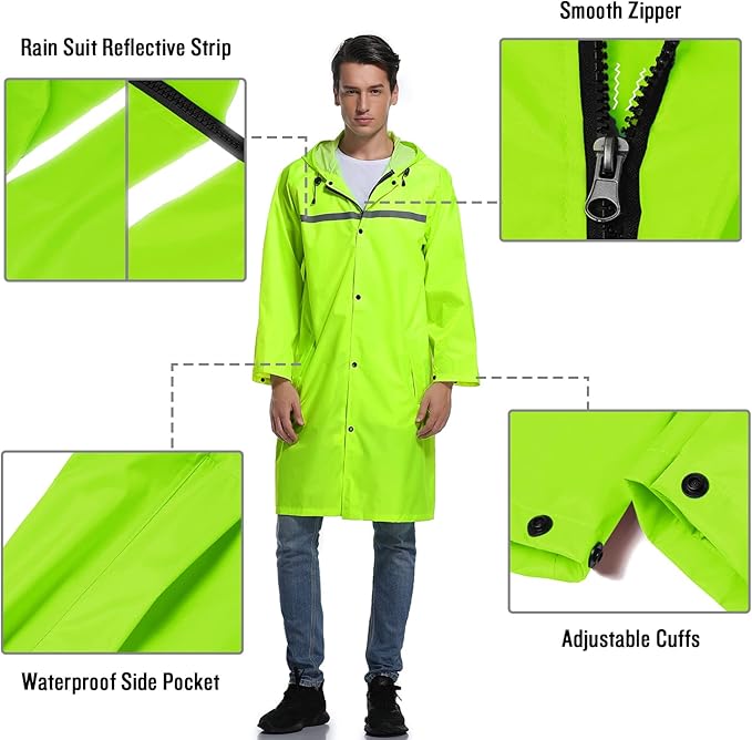 Mens Long Hooded Safety Rain Jacket Waterproof Emergency Raincoat Poncho