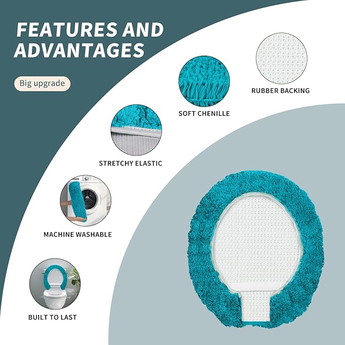 Microfiber Elongated Toilet Seat Cover 19.5"x 15" Machine Washable Solid Toilet Lid Cover Adjustable Rubber Backing Fits Most 18-19.5" L x 14-16" W Elongated Toilet Seat