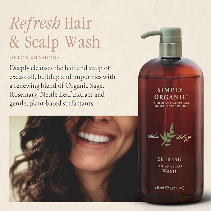 SIMPLY ORGANIC Hair Detox Clarifying Shampoo Scalp Wash, Made in Italy, All Natural Cruelty Free Hair Care for Women & Men with Rosemary, Sage & Olive Leaf Extract, 32 fl oz/958 ml, Refresh