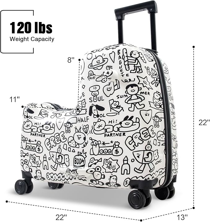 Apelila DIY Coloring Ride On Suitcase for Kids Ages 4-8, 22 Inch Graffiti Rolling Luggage with Spinner Wheels & Safety Belt, Lightweight Travel Checked Suitcase with Combination Lock