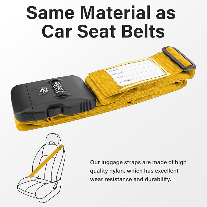 Luggage Straps, Yellow TSA Approved Luggage Strap Belt with Combination Lock for Suitcases, 2 Pack Adjustable Heavy Duty Cross Suitcase Straps with Name Tags for Travel, Carry On Bags, Protect Luggage