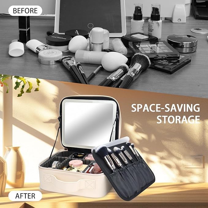 Makeup Bag with Led Mirror,Travel Makeup Organizer with 3 Color Setting, Portable Storage and Adjustable Dividers Travel Makeup Bag(White)