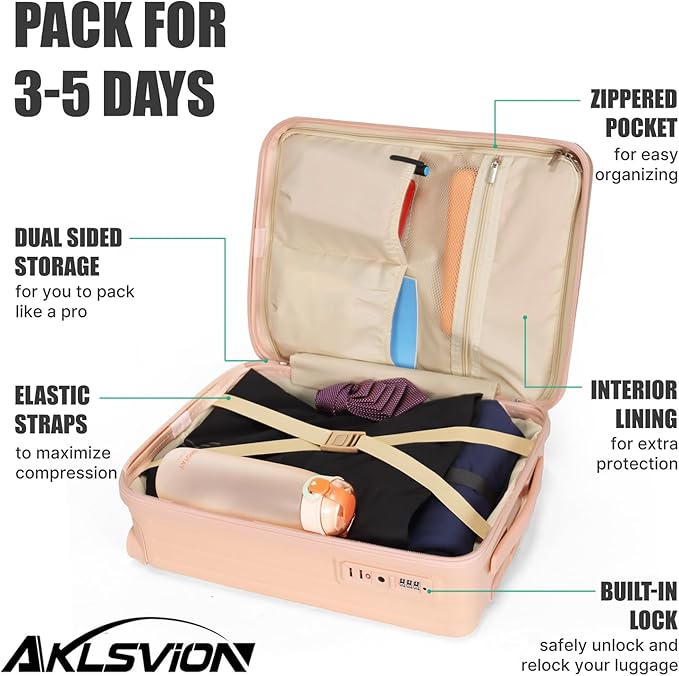 18-inch Carry-on Boarding Luggage: Equipped with Movable Wheels, TSA Approved,Under the Seat, Hard Shell Construction, Lightweight Bag with Essential Accessories (Baby Pink)