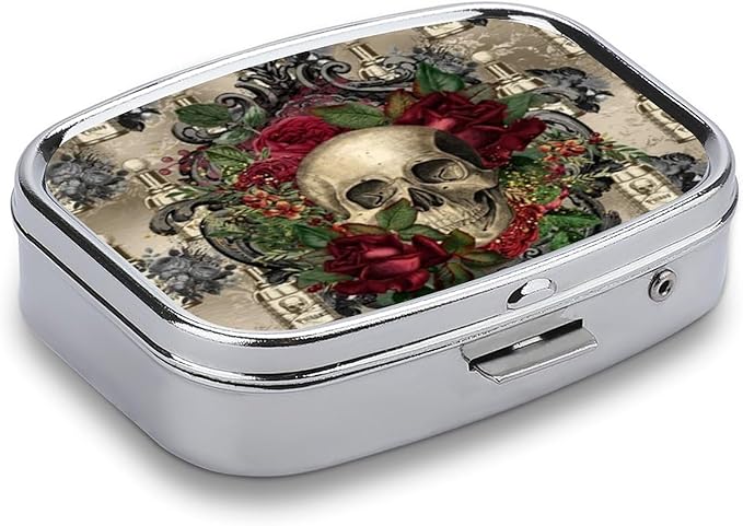 Metal 2 Compartment Pill Organizer Travel Friendly Portable Compact Pill Box Cute Pill Case to Hold Vitamins,Fish Oil,Supplements,Meds,Tablet for Purse,Pocket. (Skull)