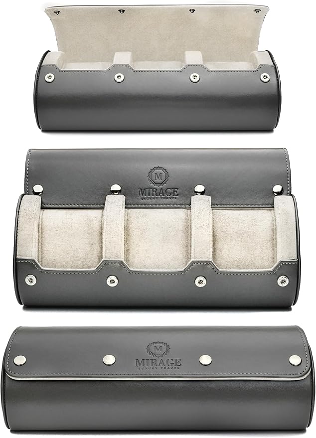 Watch Travel Case for Men - Mirage Watch Roll Storage and Display 3 slots - Slate Grey/Ivory White Interior Vegan Leather