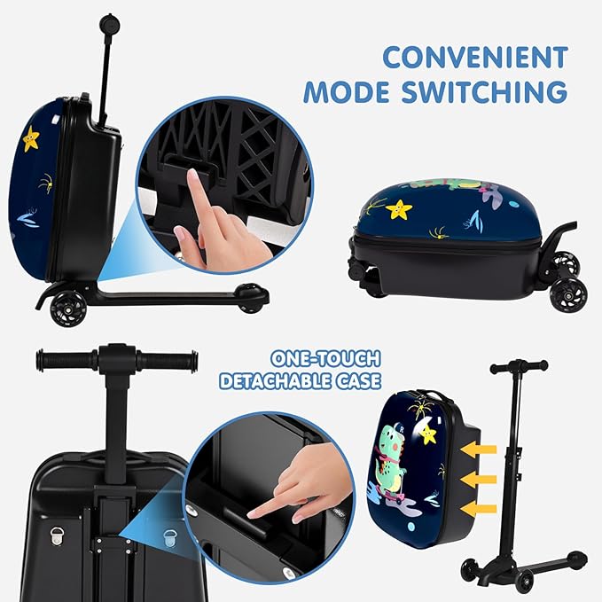 4-in-1 Detachable Scooter Luggage for Kids & Teens – Hardside Ride-On Suitcase with Led Light Up Wheels, Dinosaur Design, Lightweight Foldable, Perfect Travel Gift for Boys(Navy Blue 22-inch)
