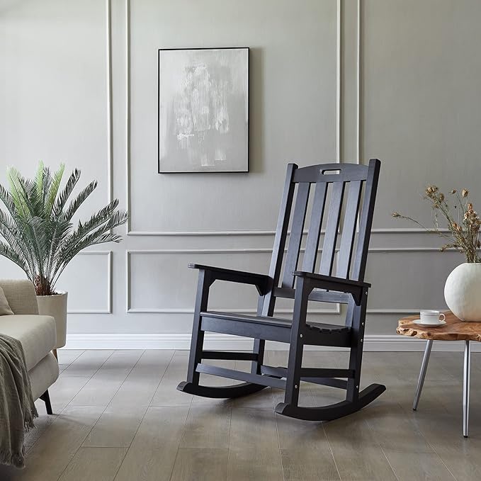Psilvam Oversized Outdoor Rocking Chair, with 21" Wide Seat and 32" Tall Backrest, Pre-Assembled with Most Components for Effortless Installation (Carbon Black)