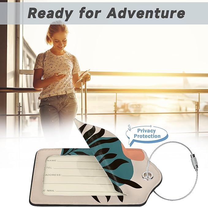 Boho Line Leaves Luggage Tags, 2 Pack Travel Cruise Tags for Suitcases,Cute Identifiers with Privacy Flap, Baggage Tags for Women Men Handbag