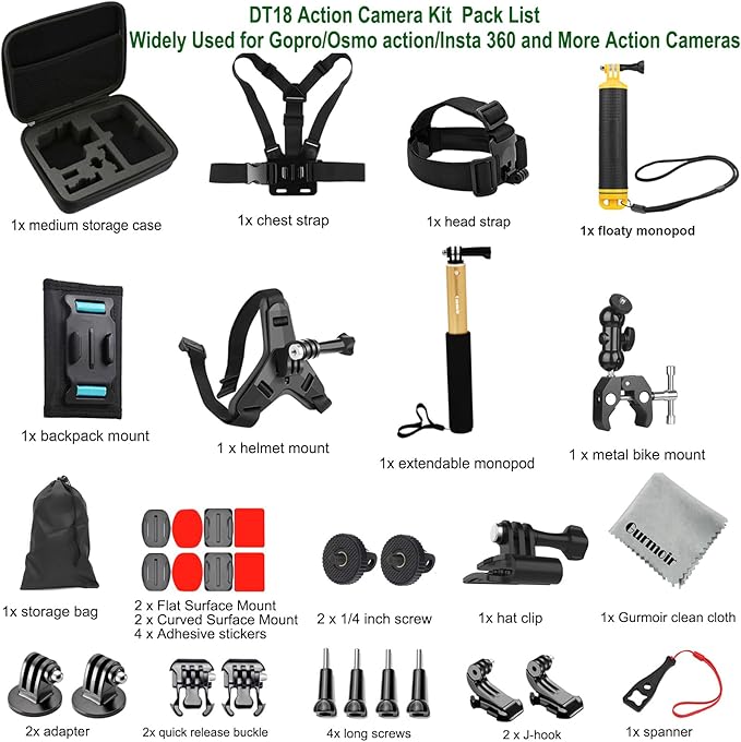 Gurmoir Accessory Kit for Osmo Action 5 pro 4/Insta 360 X5 X4 X3/Go Pro Hero13 12/Gopro Max 2/, Bike Mount/Hat Clip/Helmet Strap/Backpack Mount kit for Gopro/Osmo Action/Insta 360(DT18)
