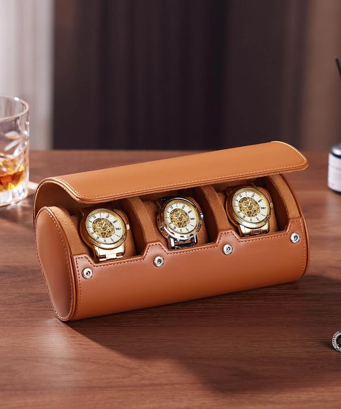 Homde Travel Watch Box Leather: Traveling Case for Men - Luxury Watch Roll for Wristwatch on the Go (brown, L)
