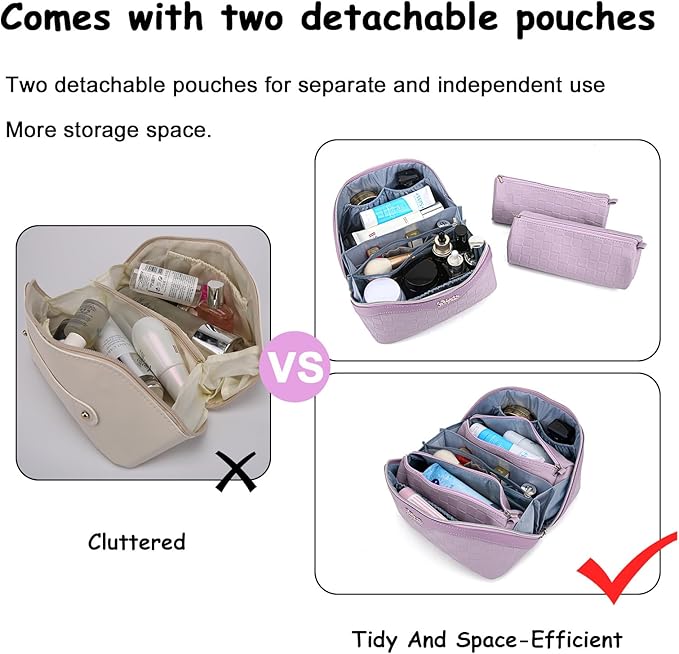Travel Makeup Bag Organizer Cosmetic Bag: 3 Pcs Set Make up Bags for Women with Handle - Waterproof Vegan Leather Toiletry Bags with Comparments (C-01-Purple)