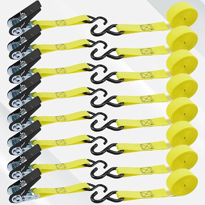 XSTRAP STANDARD Ratchet Tie Down Straps - 8PK - 1'' x 10 ft - 900 LB Break Strength Cargo Straps for Moving Appliances, Lawn Equipment, Motorcycle Yellow