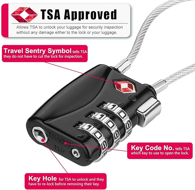 ZHEGE Luggage Lock TSA Approved 3 Digit Travel Cable Padlock with Alloy Body for Suitcase, Baggage, Backpack, Pistol Case (Black)