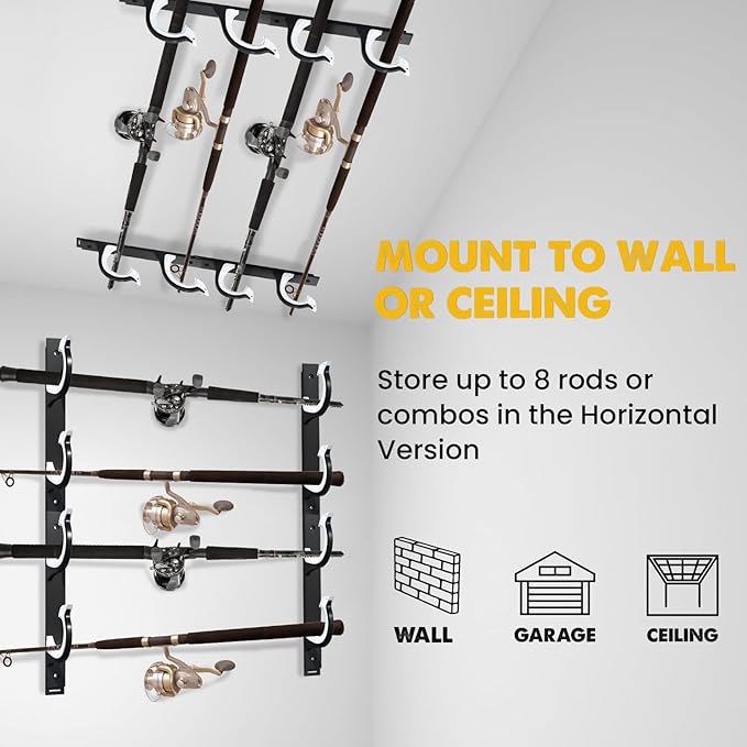 QudraKast Horizontal Fishing Rod Holder for Garage Wall Ceiling Mount - Fishing Pole Holders Fishing Rod Rack Holds Up to 8 Rods or Combos, Ideal Fishing Gift (4Pack)