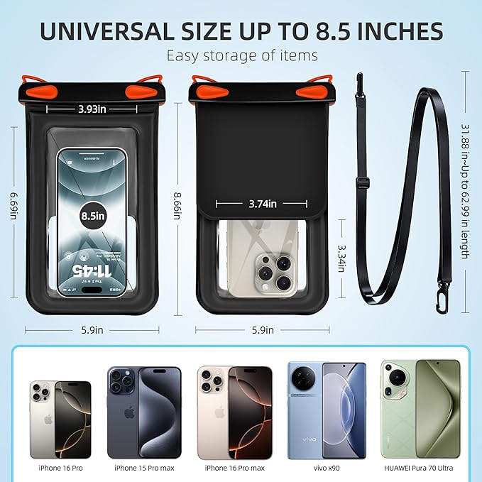 Waterproof Phone Pouch Double Pocket, Floating IPX8 8.5 inch Waterproof Phone Case for Beach Vacation Essentials for Compatible IPhone16 15 14 Pro Max Galaxy S25 S24 Ultra Phone Pouch Orange