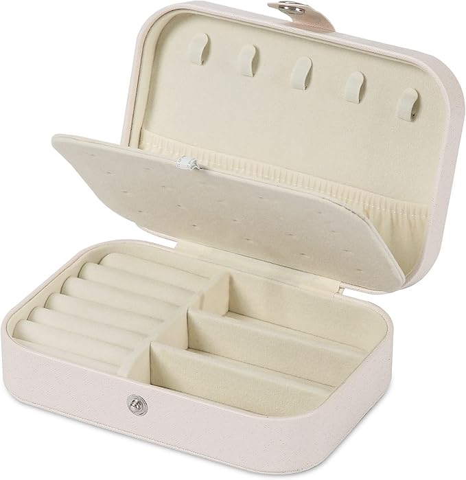 Travel Jewelry Box, PU leather Small Jewelry Organizer For Female Girls, double layer portable mini travel case for storing earrings, rings, necklaces.(White)