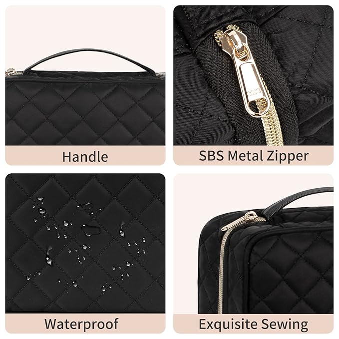 CUBETASTIC Hanging Travel Toiletry Bag, Makeup Bag for Women Girls, 3 Comparment Small Travel Bag Rhombus Quilted Cosmetic Organizer Case Portable Skincare Pouch with Handle