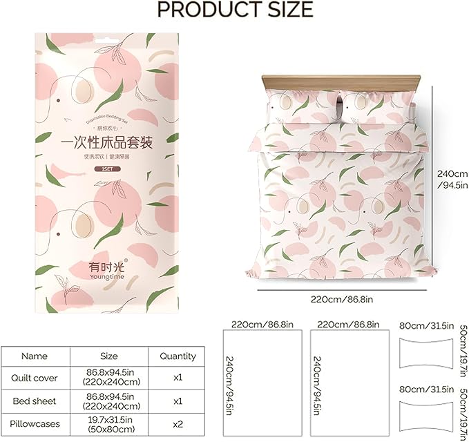 YOUNGTIME Disposable Bed Sheets Fitted Sheet,Disposable Portable Bedding Set with Bed Sheet Quilt Cover and Pillowcase for Travel Hotel SPA,Peach