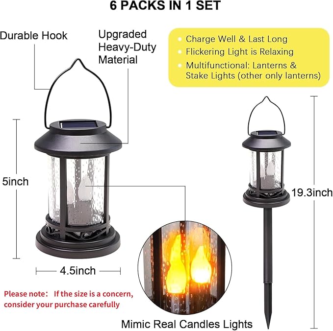 Beautyard Outdoor Solar Candles Lights Flickering Decorative Lantern Stake Lighting for Garden, Backyard, Lawn, Pathway, Patio Accessories and Decor ( Small 6 Pack , Black )…