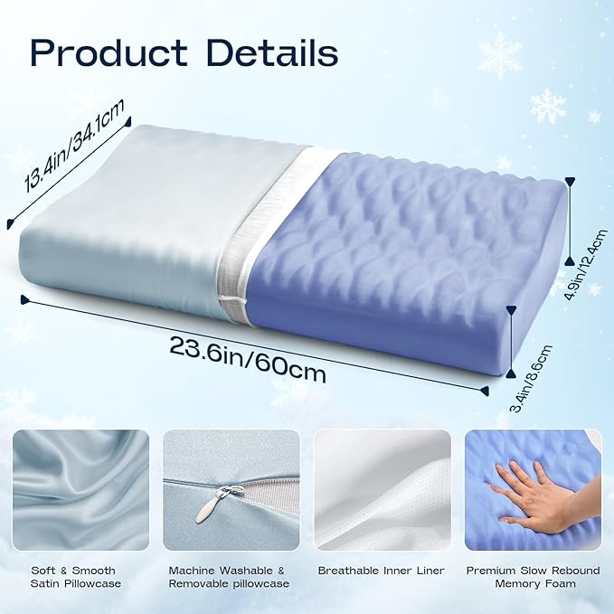 Cervical Neck Pillow for Sleeping - Memory Foam Pillows, Orthopedic Pillow for Neck and Shoulder Pain, Adjustable Cooling Contour Pillow (Misty Blue, Queen)