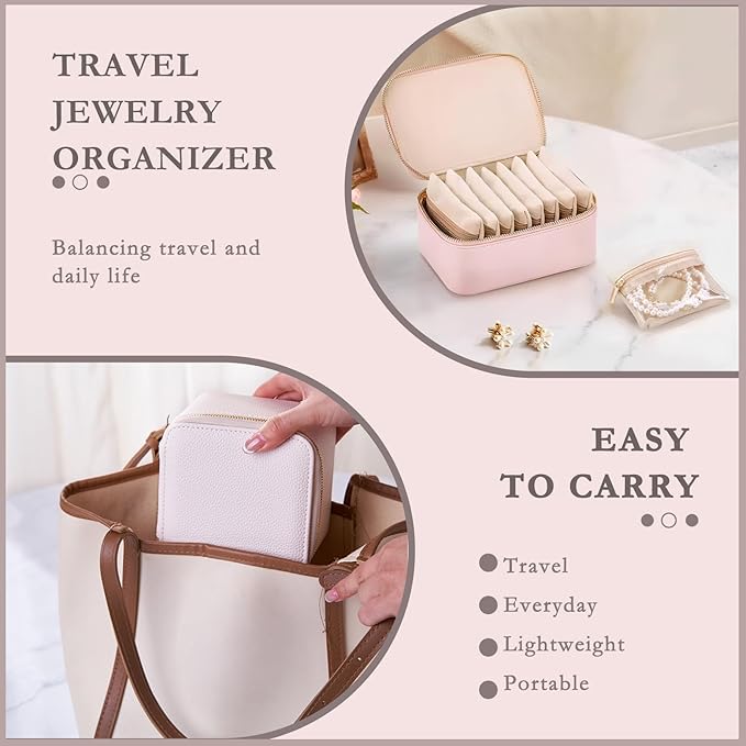 Jewelry Box Organizer for Women,Small Jewelry Travel Case,Leather Travel Jewelry Organizer with 6 Velvet Jewelry Zipper Pouches, Jewelry Organizer for Graduation Wedding Gift(Off White)