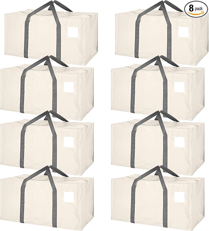 8 Pack Extra Large Moving Bags Heavy Duty Packing Bags with Extra Long Handles and Zippers Storage Totes for College Students Room Dorm Essentials Packing Supplies(Beige)