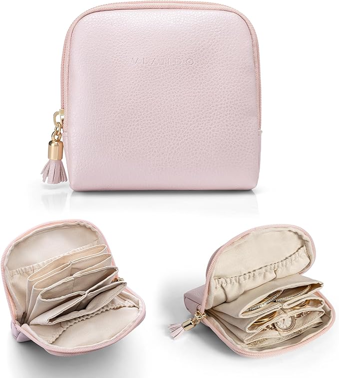 Vlando Small Jewelry Travel Case,Jewelry Pouch Bags with Zipper,Velvet Jewelry Organizer Storage Bag for Bracelet Rings Earring Travel Essentials Gifts for Women Girl-Pink