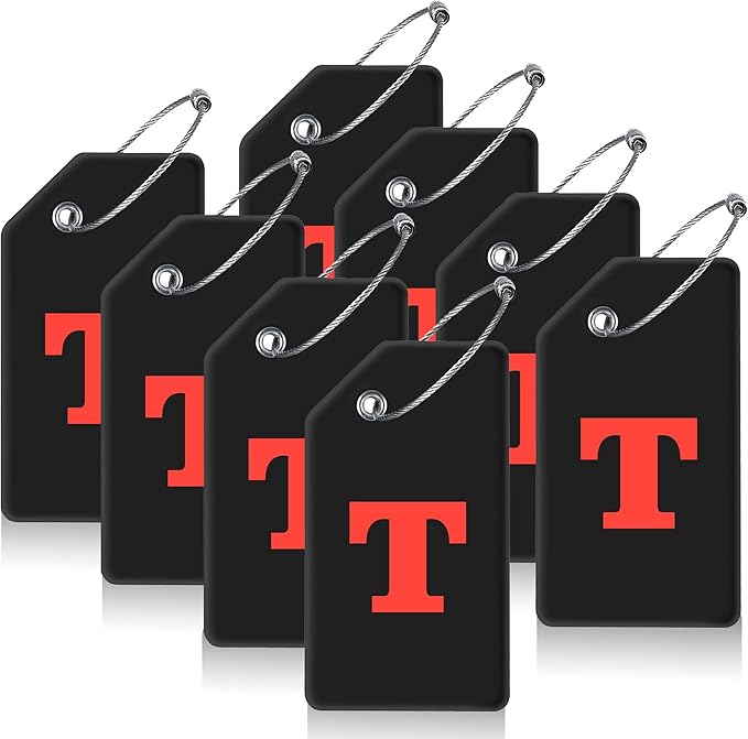 8 Pcs Luggage Tags for Suitcases, 26 Initial Letter Travel Luggage Baggage Identification Labels ID Tags Fully Bendable Tags with Stainless Steel Loop (Letter T, Black)