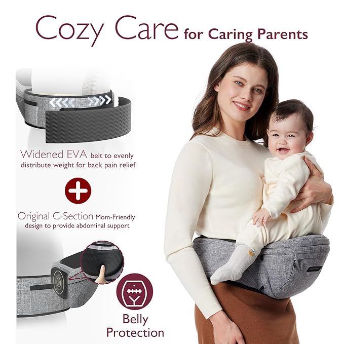 Momcozy Hip Seat Baby Carrier - Adjustable Waistband with Original 3D Belly Protector, Ergonomic Carrier with Various Pockets for Newborns & Toddlers up to 45lbs (Grey, Large)