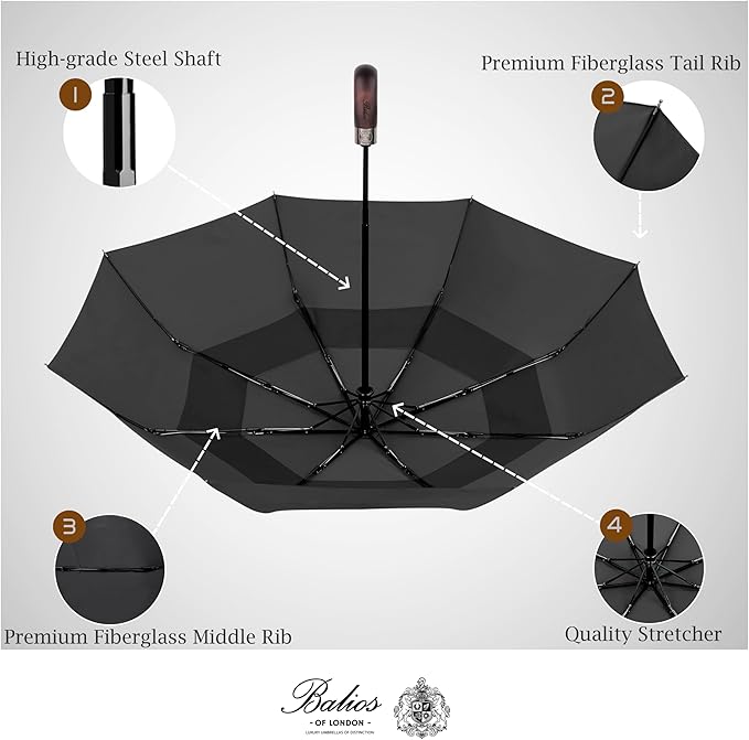 Balios Travel Folding Umbrella with Real Wood Handle Auto Open Close Vented Windproof Canopy - Designed in UK